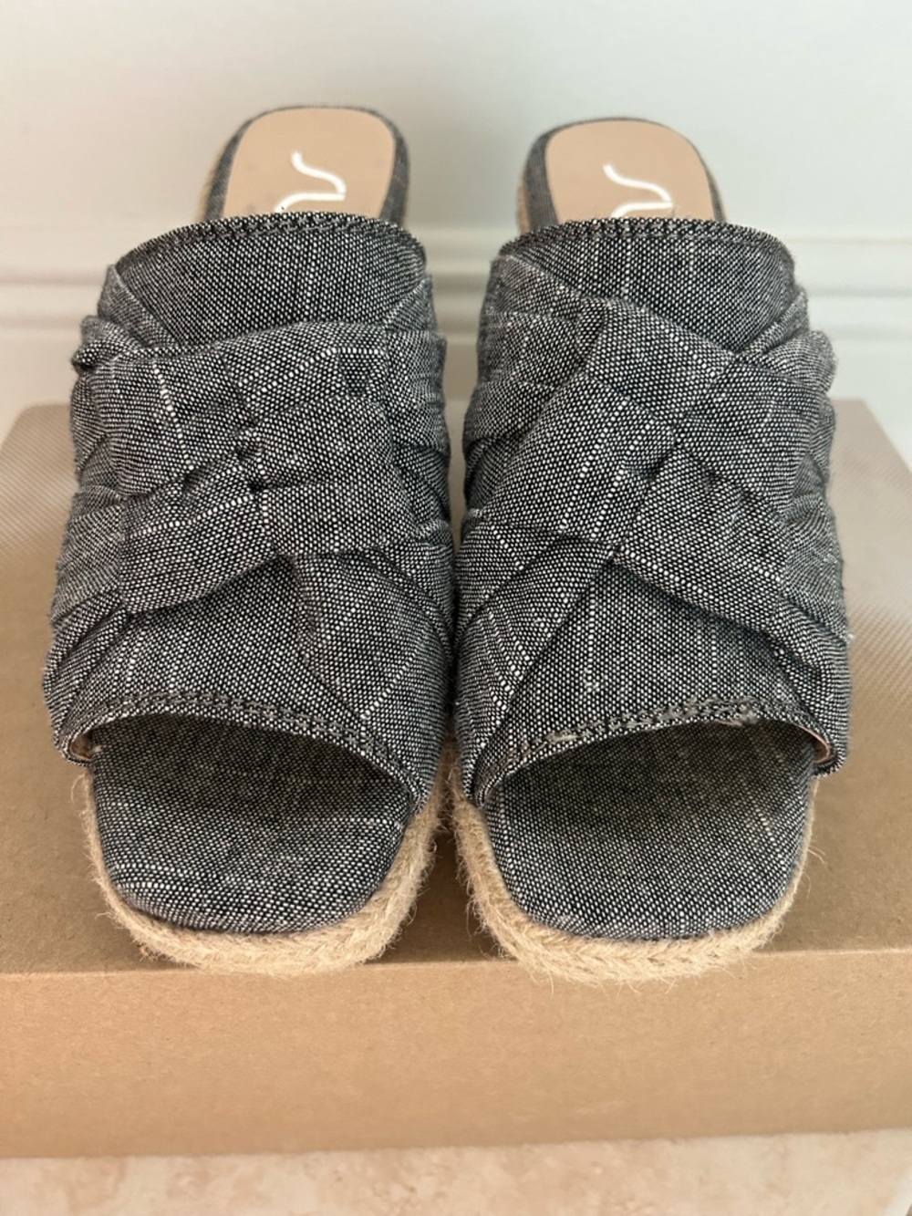 Denim Woven Espadrille Slide Wedges